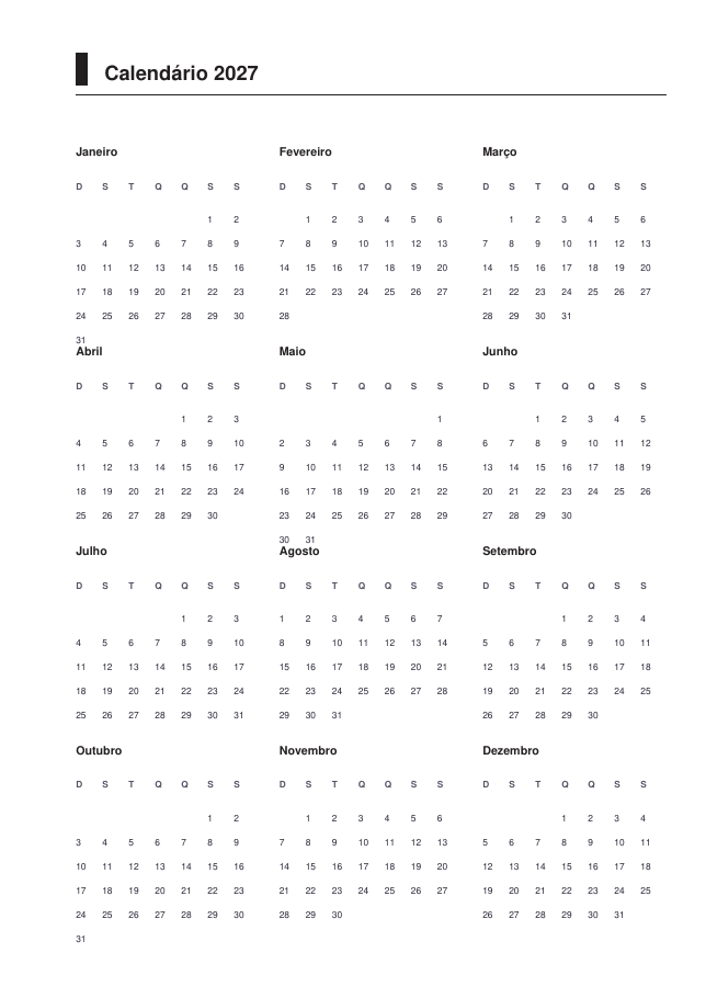 Calendário do modelo Pré-escolar